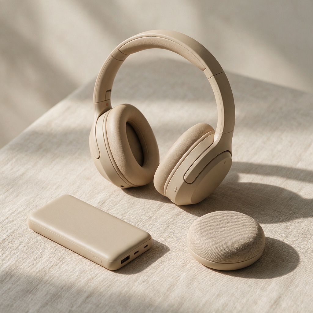 Audio-Set mit Kopfhörern, Powerbank und Mini-Lautsprecher